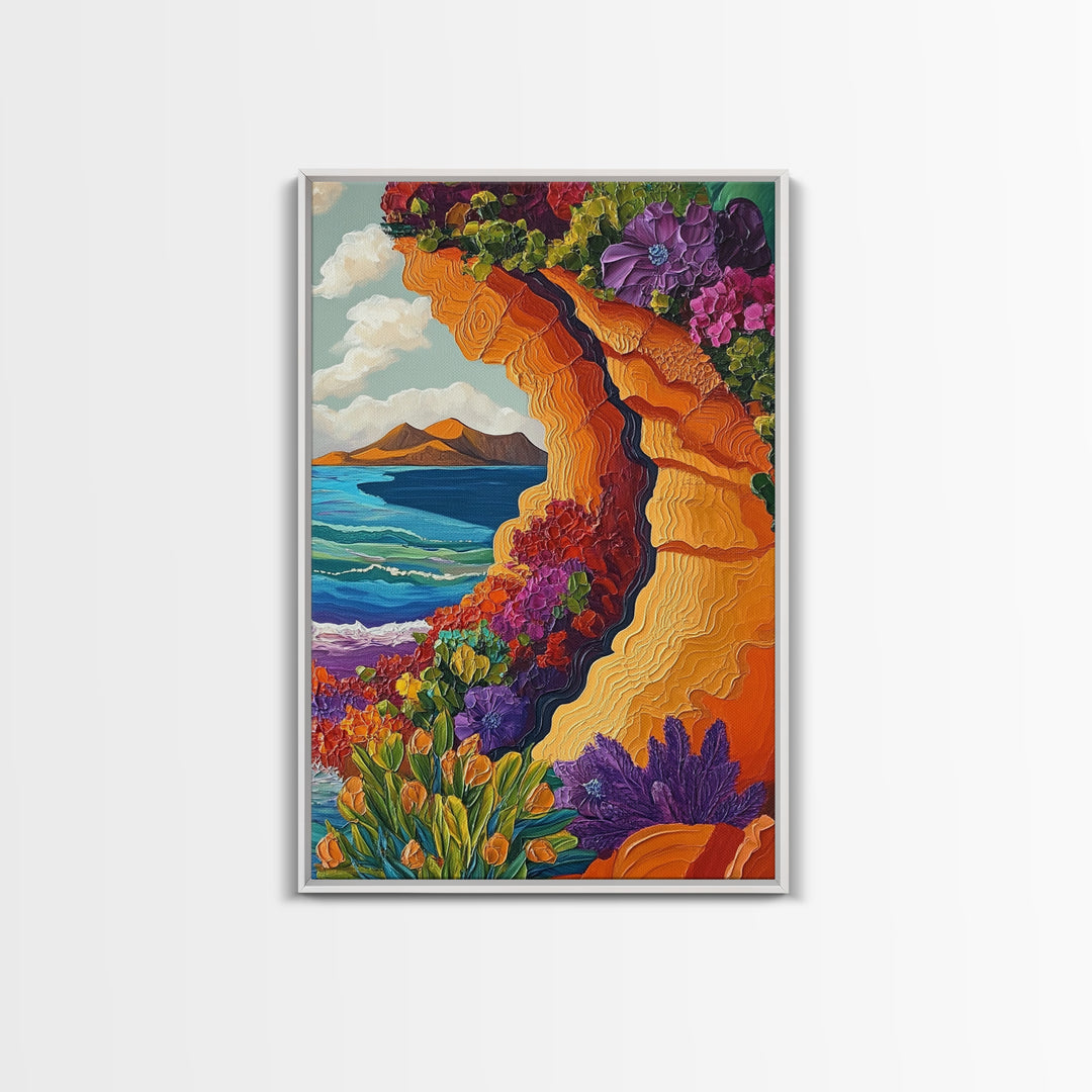 Cliffside Flowers, Ocean, Landscape, Framed Canvas Print floral coastal wall art, textured seaside painting, beach house decor, boho art style