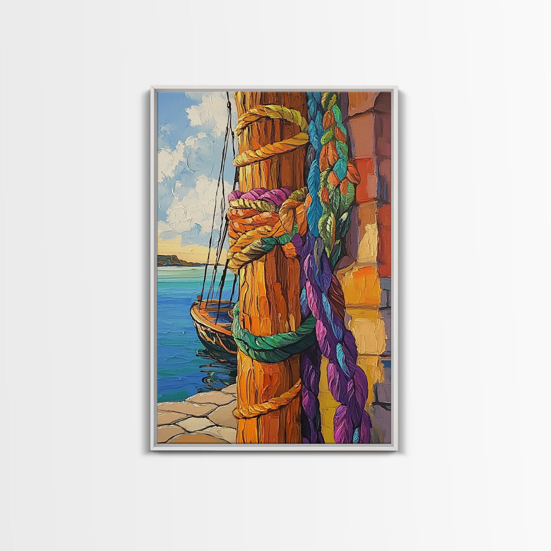 Boat Dock, Ropes, Framed Canvas Print, Nautical Coastal Wall Art, Vibrant Marina Scene, Boho Seaside Decor, Bathroom art, Office Wall Art