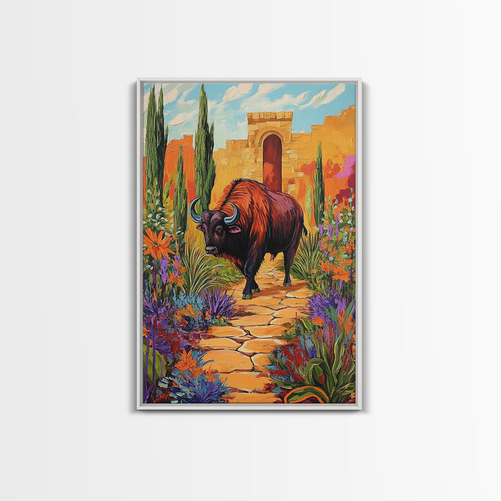 Bison Path, Desert, Framed Canvas Print, Southwest Bull Wall Art, Rustic Western Decor, Vibrant Nature Boho Style, Entryway Wall Art
