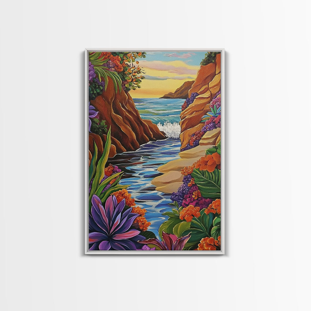 Cliff Ocean, Sunset, Framed Canvas Print, Bold Coastal Canyon Wall Art, Vibrant Nature Decor, Boho Landscape Style, Bedroom Wall Art