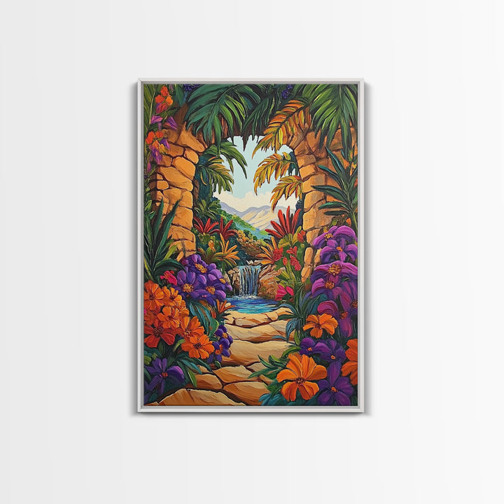 Archway Jungle, Waterfall, Framed Canvas Print, Exotic Tropical Wall Art, Bold Jungle Landscape Decor, Entryway art, Bathroom Wall Art