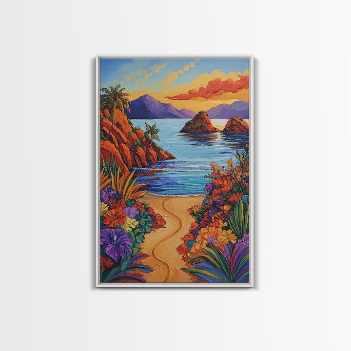 Beach, Sunset, Tropical, Floral Framed Canvas Print, Coastal Living Room Wall Art, Island Paradise Decor, Vibrant Summer Artwork