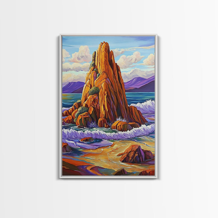 Ocean Cliff, Coastal, Bold Framed Canvas Print, Nature Inspired Bathroom Wall Art, Seaside Landscape Decor, Vibrant Rocky Shoreline