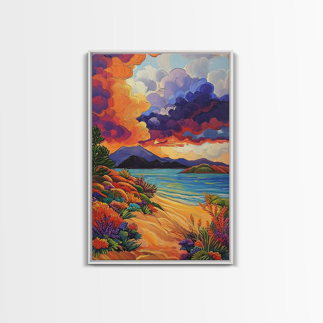 Clouds Sunset, Beach, Scenic Canvas Print, Colorful Coastal Wall Art, Vibrant Nature Landscape, Fall Living Room Art Piece