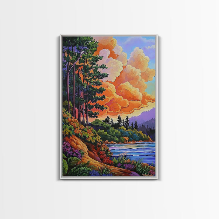Pine Forest, Sunset, River, Framed Canvas Print, vibrant mountain art, autumn wall decor, cozy cabin wall art, rustic lodge artwork