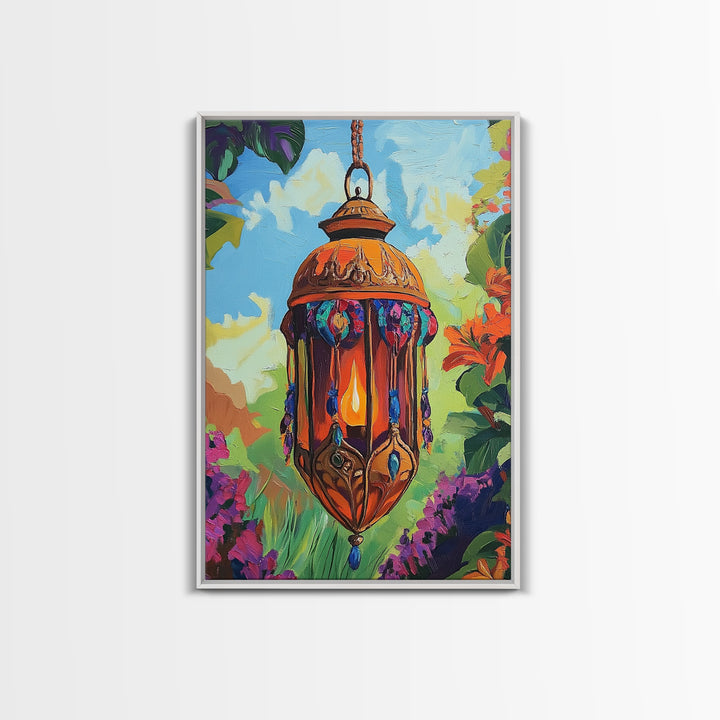 Boho Lantern, Glow, Garden, Framed Canvas Print, Moroccan Lantern Art, Boho Wall Decor, Eclectic Lighting Artwork, Patio Living Room Art