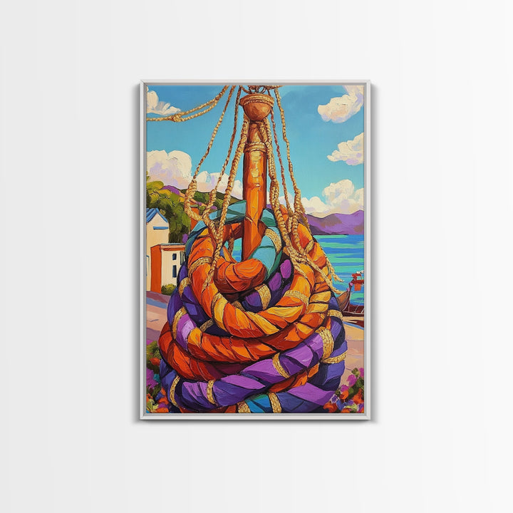 Nautical Rope, Dock, Summer, Framed Canvas Print, Nautical Rope Wall Art, Summer Decor, Bright Harbor Painting, Beach House Wall Accent