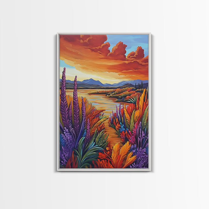 Autumn Lake, Trail, Fall Landscape Painting, Warm Sunset Wall Decor, Living Room Boho Vibes, Framed Canvas Print
