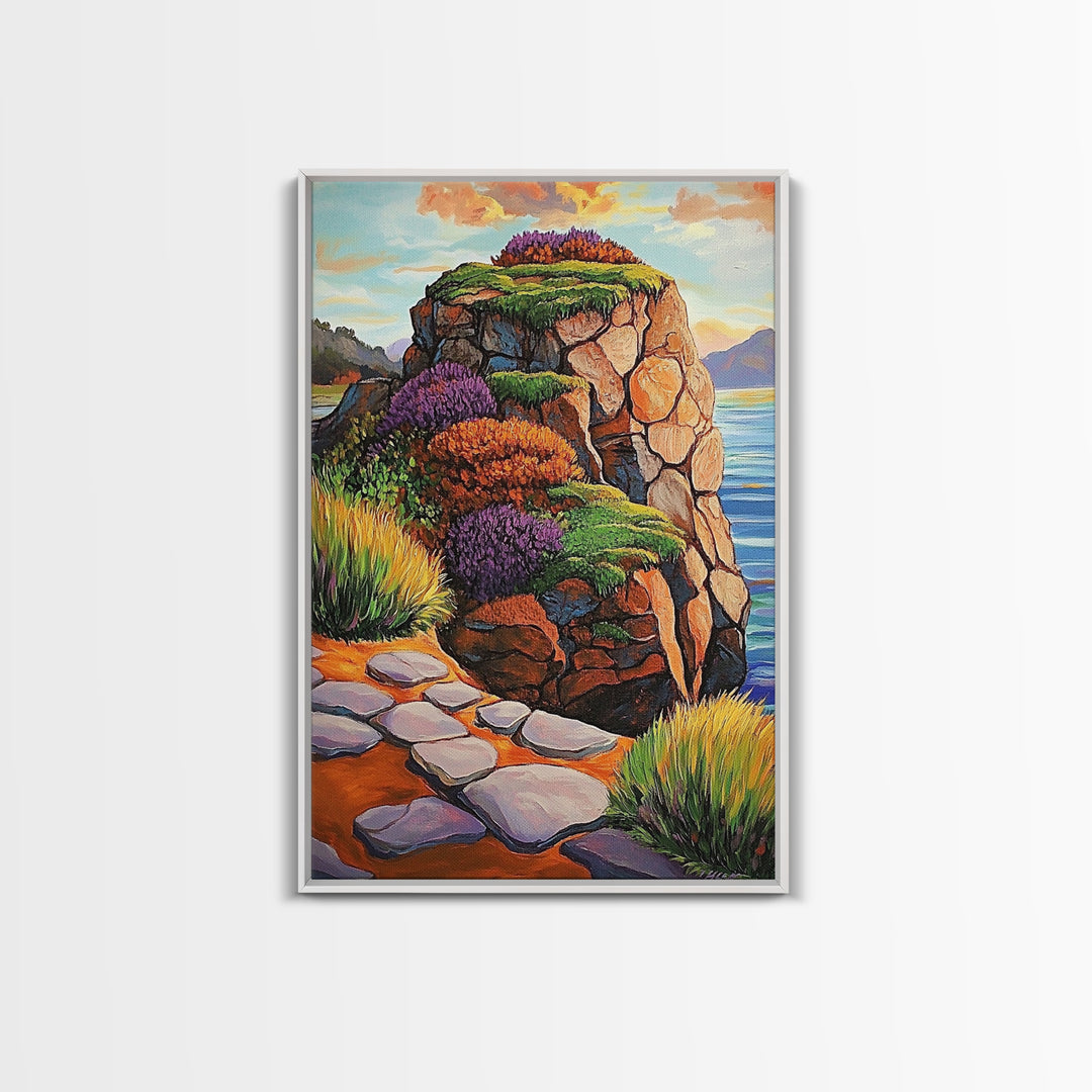 Rocky Cliff, Ocean, Wildflowers Canvas Print, Vibrant Coastal Wall Art, Hallway Nature Scene, Colorful Landscape Painting