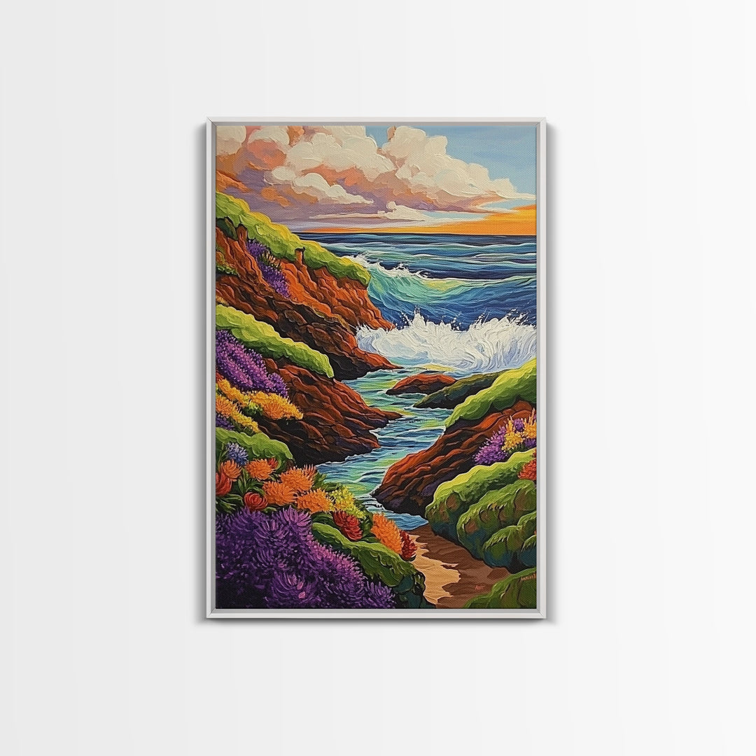 Ocean Cliffs, Wildflowers, Vibrant Coast Framed Canvas Print, Spring Beach Wall Art, Boho Living Room Decor, Bold Coastal Art
