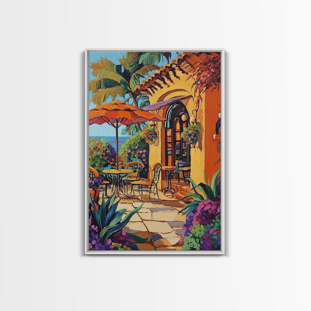 Bistro Patio, Sun, Canvas Print, Mediterranean cafe painting, kitchen wall art, outdoor charm artwork, sunny terrace decor, cozy nook print