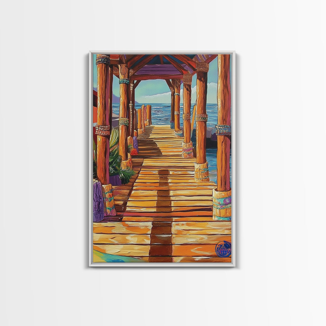 Dock Ocean, Pier, Sunset, Framed Canvas Print, Nautical Coastal Wall Art, Beach House Entryway Decor, Rustic Seaside Living Room