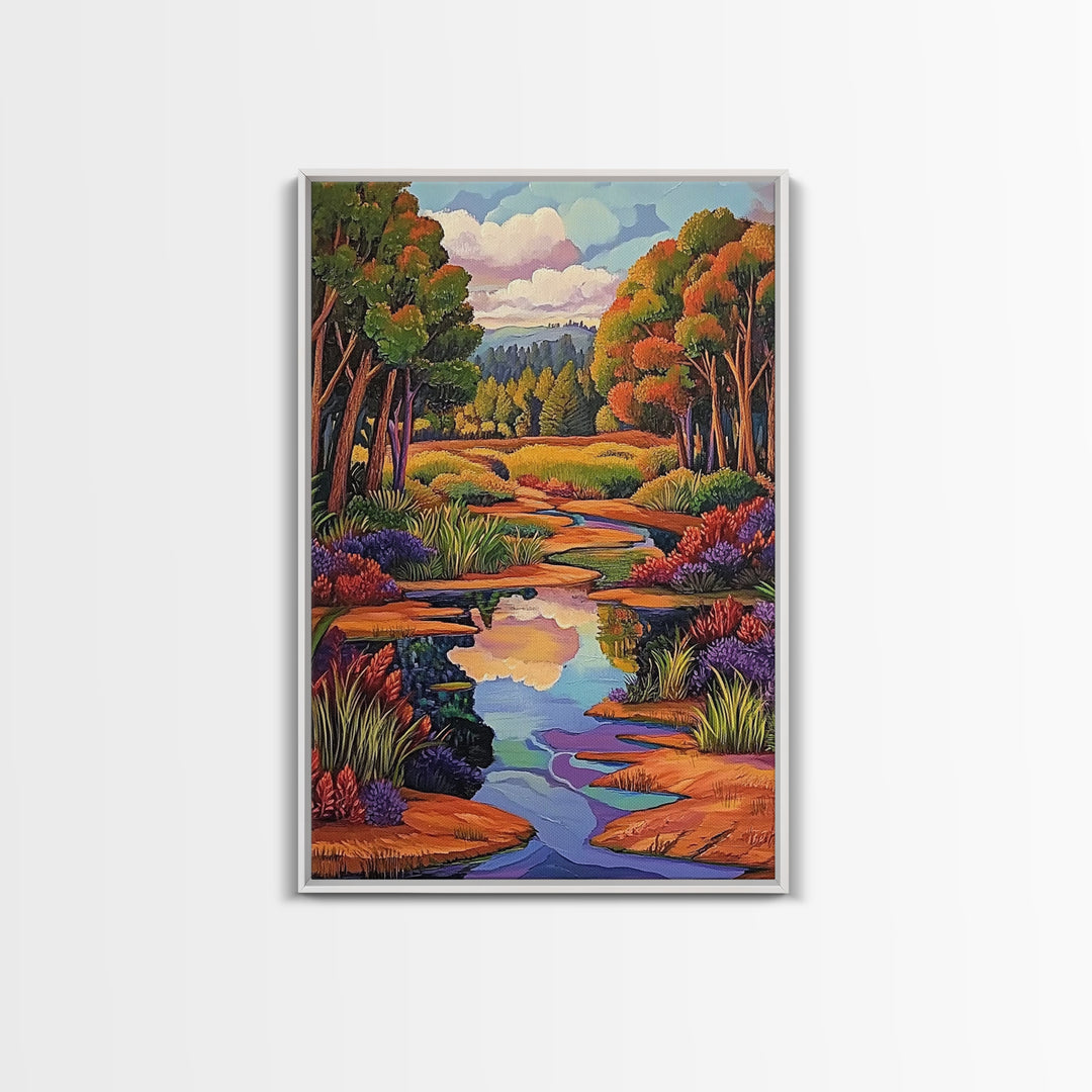 Autumn Trees, Reflection, Canvas Print, Fall forest scene, living room art, nature inspired decor, woodland painting, cozy autumn vibes