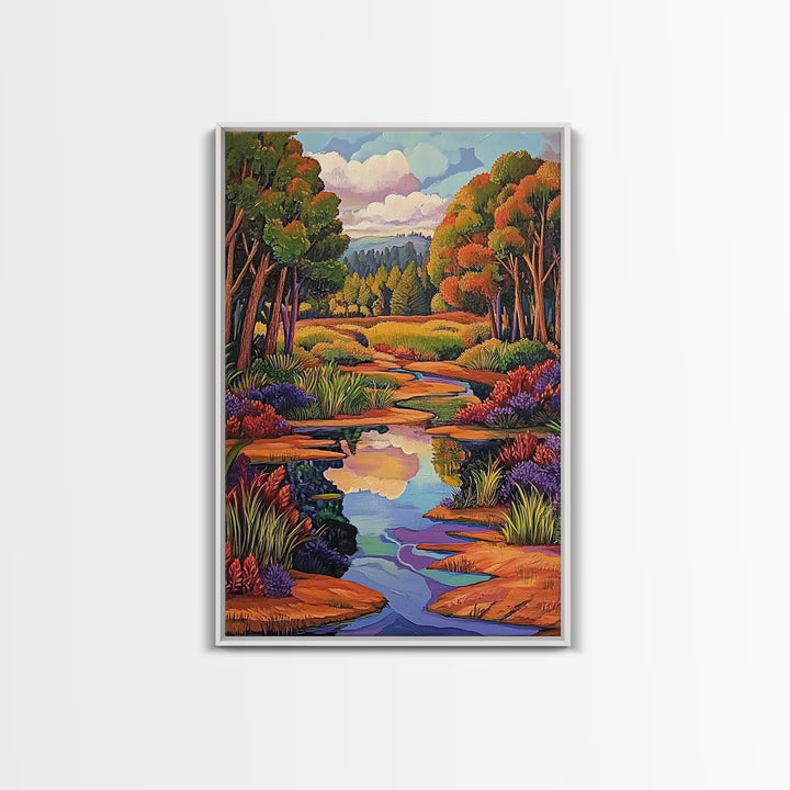 Autumn Trees, Reflection, Canvas Print, Fall forest scene, living room art, nature inspired decor, woodland painting, cozy autumn vibes