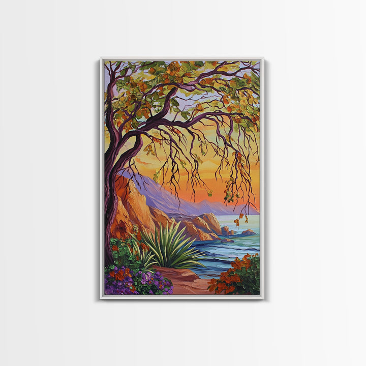 Coastal Tree View, Ocean Cliff Art, Sunset Seascape Painting, Nature Wall Decor, Framed Canvas Print, Hallway Wall Art, beach house art