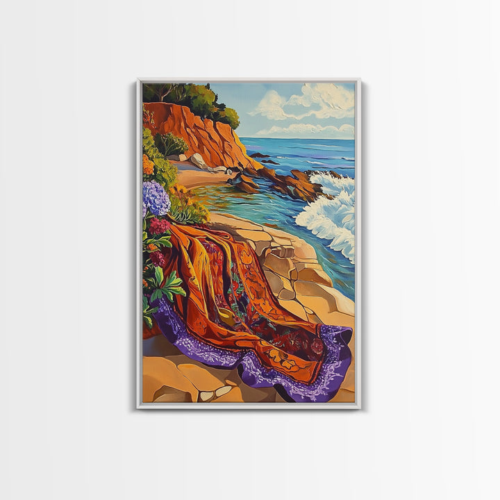 Ocean Blanket, Coast, Framed Canvas Print, Coastal boho art, beach blanket painting, vibrant seashore scene, bedroom wall art, summer vibes