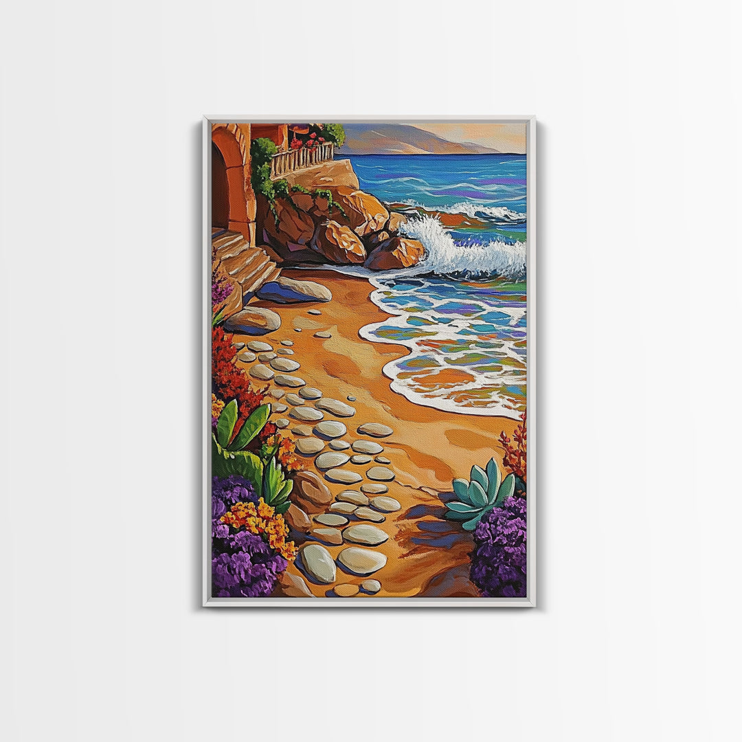 Coastal Path, Beach Steps, Ocean View, Canvas Print, tropical art, relaxing decor, vibrant seascape, Bathroom Wall Art