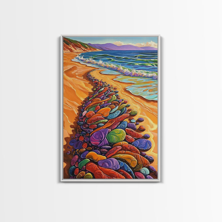 Colorful Rocks, Coastal Art, Vibrant Beach, Framed Canvas Print, nature-inspired painting, whimsical art, Hallway Wall Art