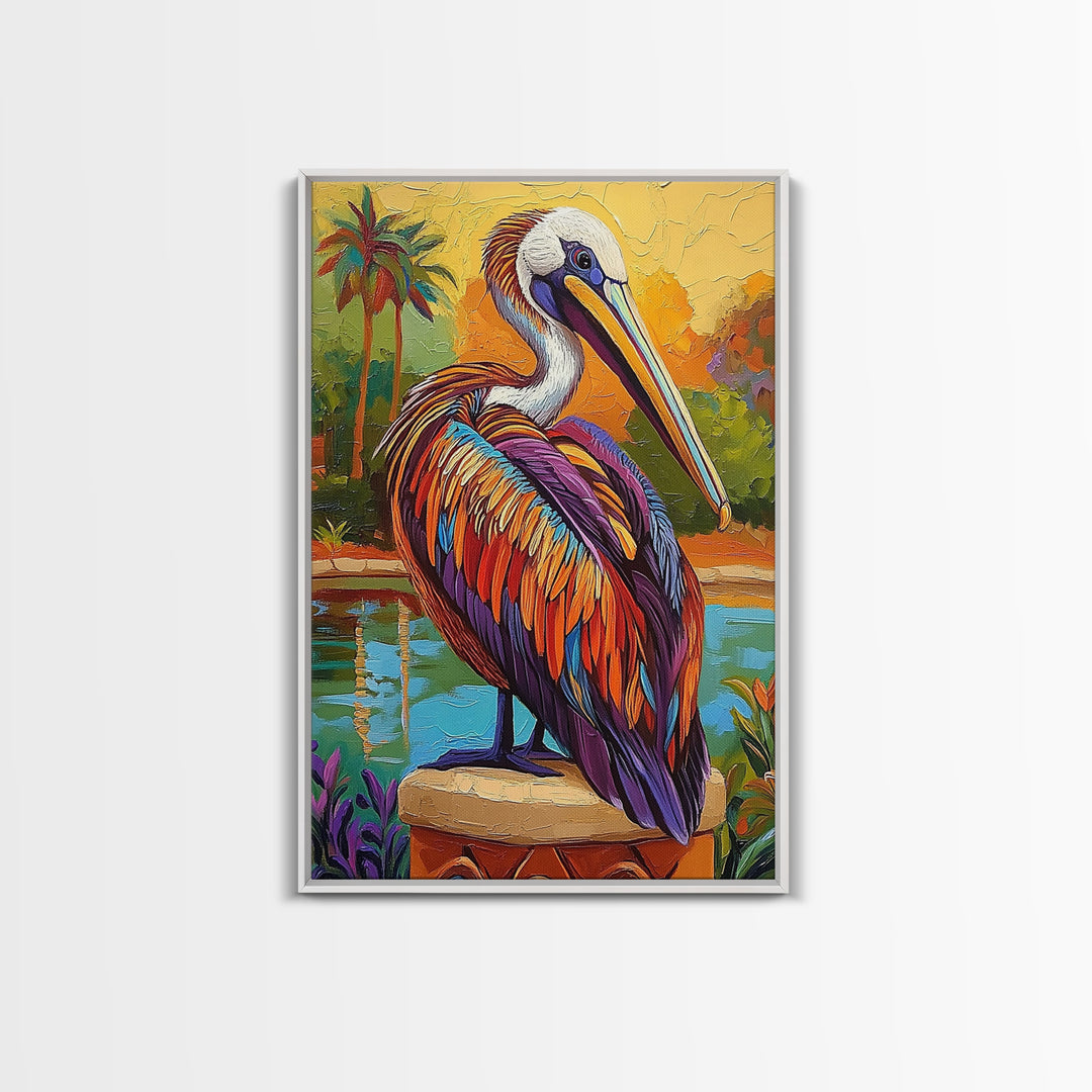 Pelican Portrait, Coastal Bird, Tropical Scene, Canvas Print, beach house decor, boho coastal art, Wildlife Painting, Living Room Wall Art