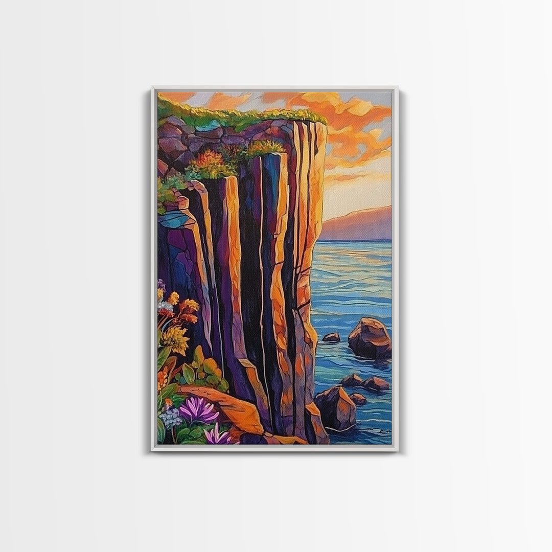 Cliff Sunset, Sea, Canvas Print, Bold coastal wall art, rocky cliff painting, dramatic sunset scene, office or den decor, nature inspired art