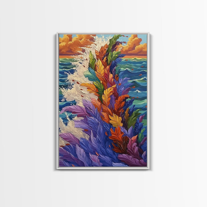 Ocean Feathers, Splash Art, Bright Abstract, Color Burst, Framed Canvas Print, Living Room Wall Art, modern tropical art, bold color