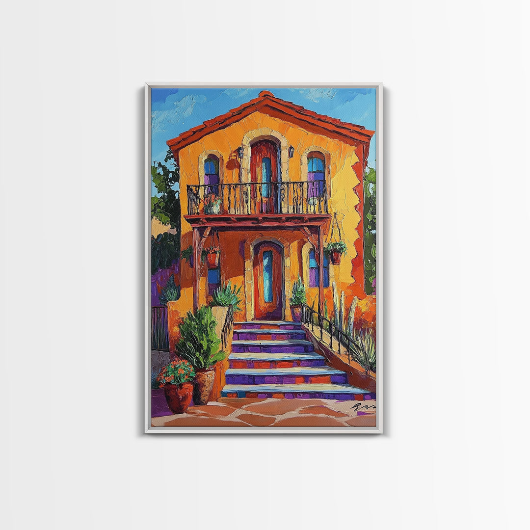 Adobe House, Vibrant Southwest, Fall Architecture Wall Art, Canvas Print, Rustic Staircase Scene, Boho Living Room Decor, Warm Entryway Art