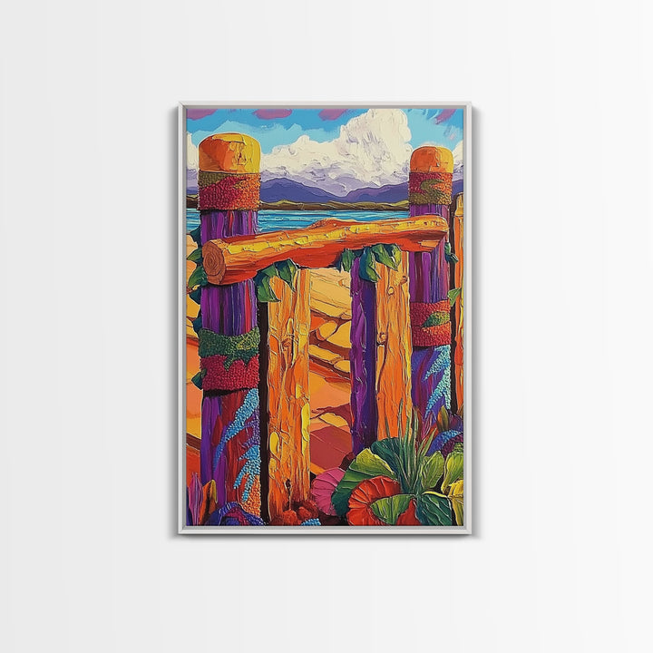 Coastal Fence, Sunset Vibes, Colorful Beach, Ocean Breeze, Framed Canvas Print, Beach House Wall Art, Vibrant Seascape, Tropical Boho Art