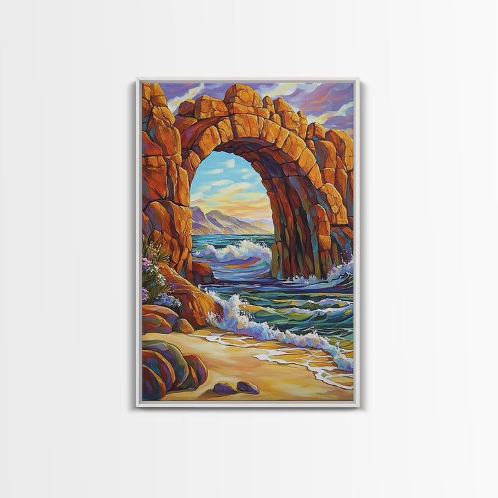 Ocean Arch, Wave Drama, Cliff Coast, Sunset Light, Framed Canvas Print, Living Room Wall Art, Coastal Landscape, Nature Inspired Art