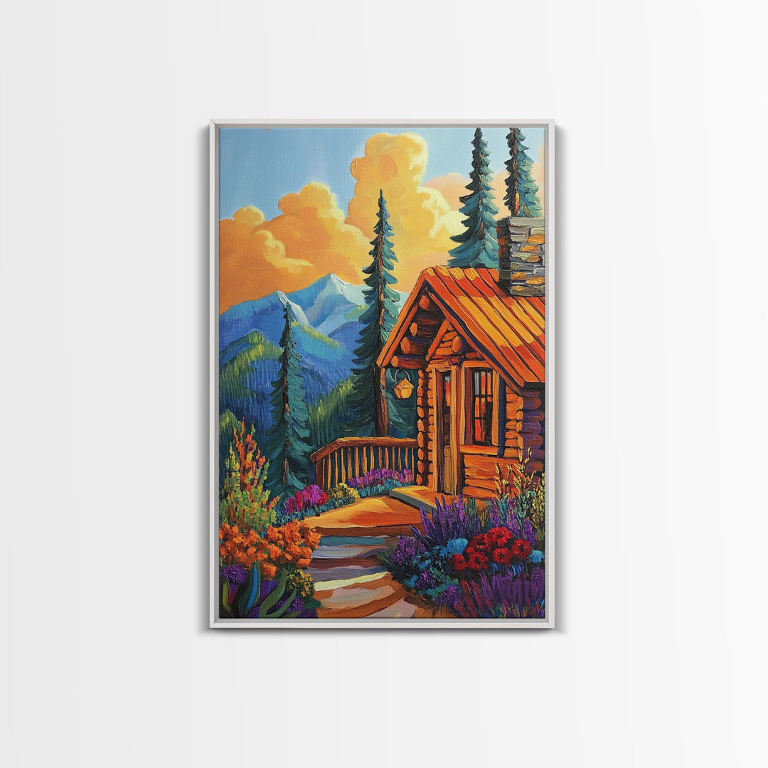 Cabin Escape, Fall Glow, Mountain Forest, Rustic Beauty, Canvas Print, Autumn Wall Art, Log Cabin Decor, Cozy Living Room Accent