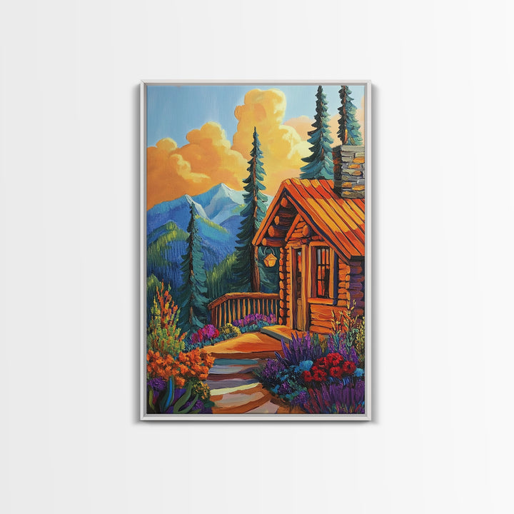 Cabin Escape, Fall Glow, Mountain Forest, Rustic Beauty, Canvas Print, Autumn Wall Art, Log Cabin Decor, Cozy Living Room Accent