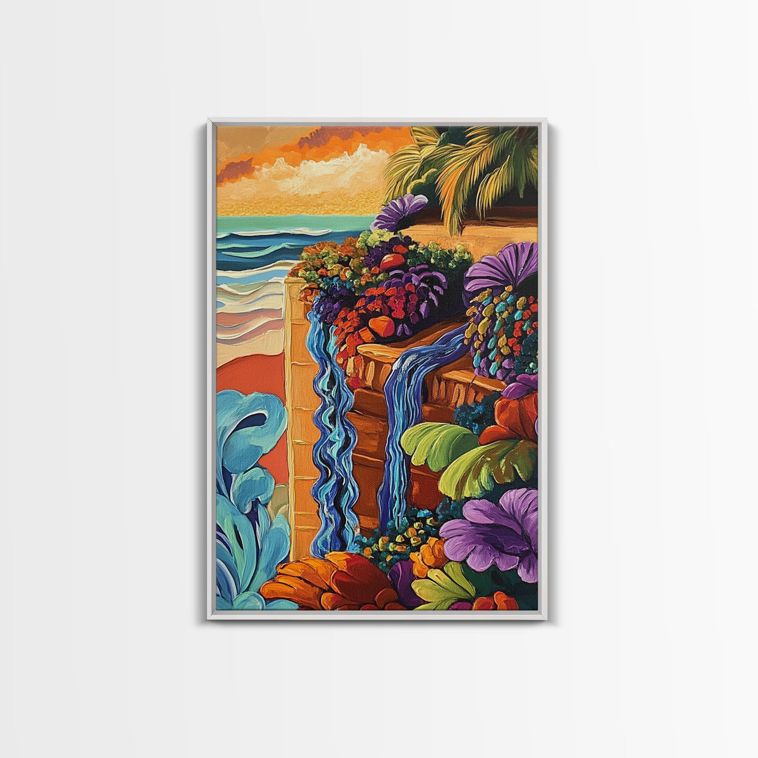 Tropical Garden Waterfall, Coastal Wall Art, Sunset Jungle Scene, Framed Canvas Print, Vibrant Nature Painting, Living Room Boho Art