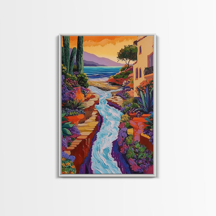 Coastal Pathway Stream, Sunset Cactus Art, Vibrant Garden Trail, Canvas Print, Mediterranean Landscape, Kitchen Wall Decor, Boho Art