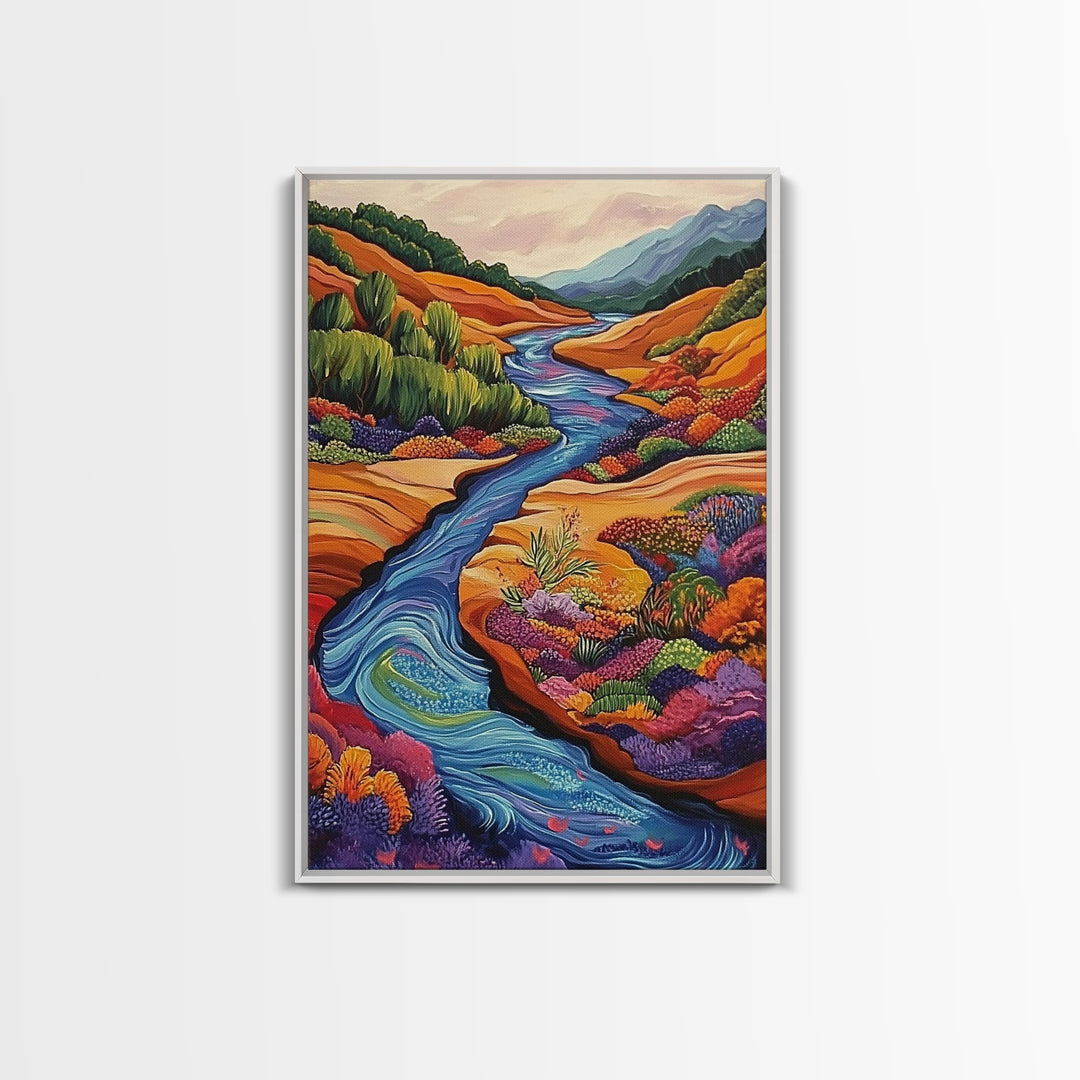 Autumn River Valley, Floral Hillside Art, Bright Fall Landscape, Framed Canvas Print, Seasonal Wall Decor, Living Room Autumn Art