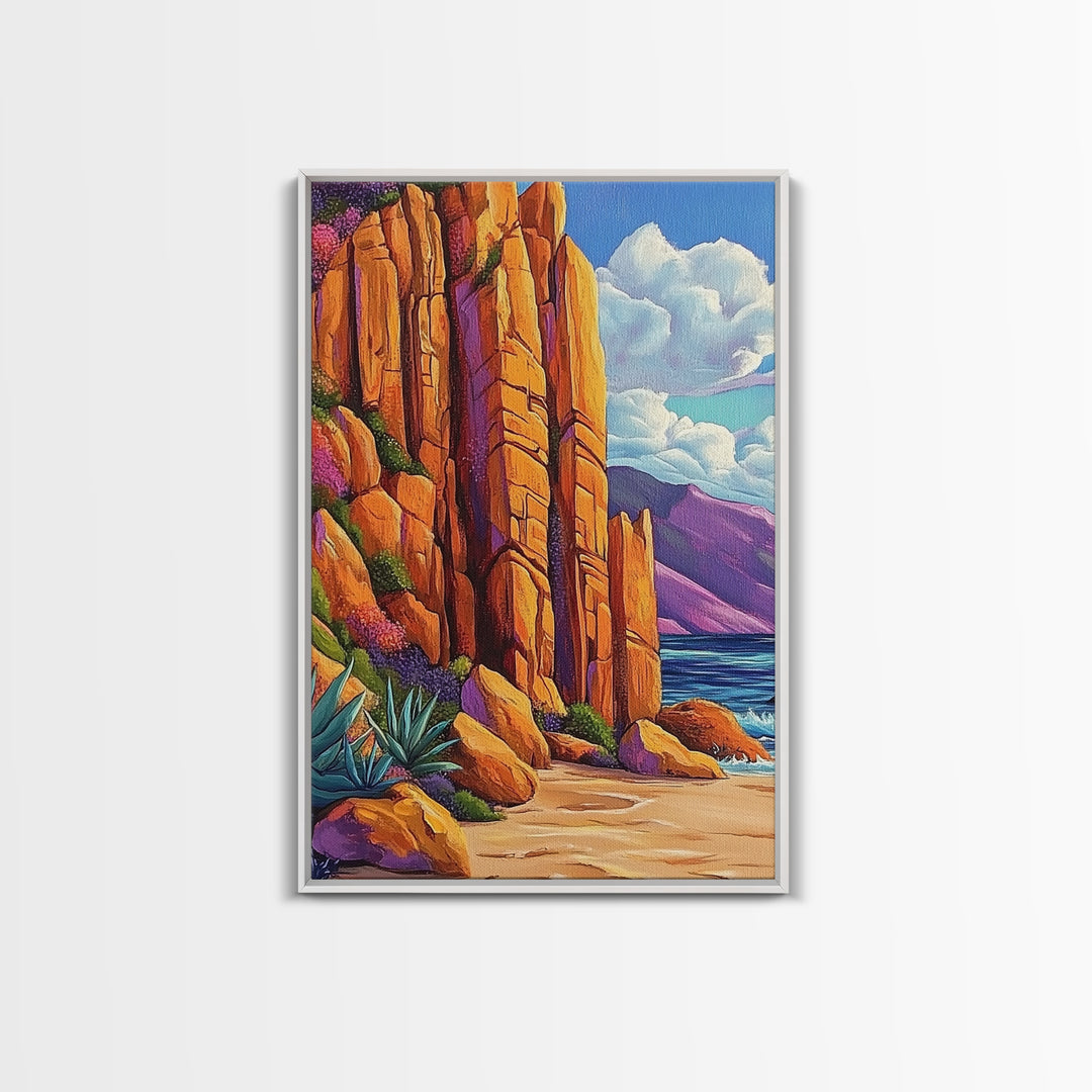 Desert Cliffs and Sea, Coastal Rock Formation, Vibrant Shoreline Scene, Canvas Print, Living Room Wall Art, Bold Nature Painting
