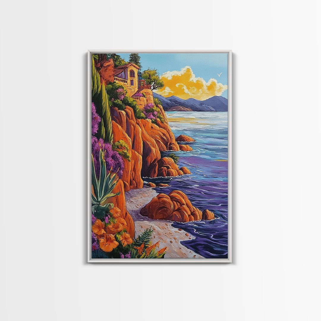 Ocean Cliffside Villa, Seaside Sunset Art, Purple Water Shoreline, Canvas Print, Kitchen Wall Art, Vibrant Mediterranean Landscape