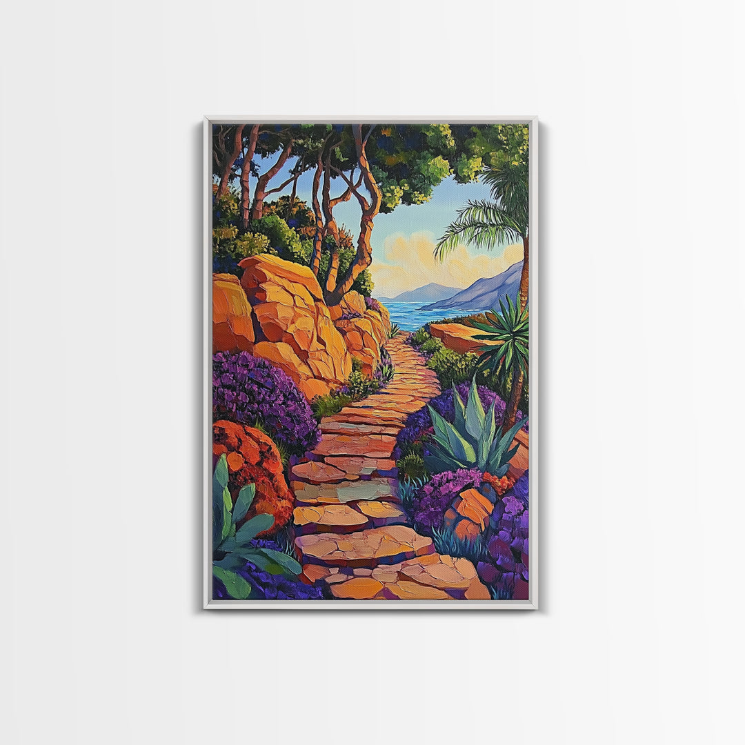 Coastal Trail, Vibrant Path, Tropical Landscape, Nature Art, Sunset Vibes, Living Room Wall Art, Canvas Print, Boho Chic Decor