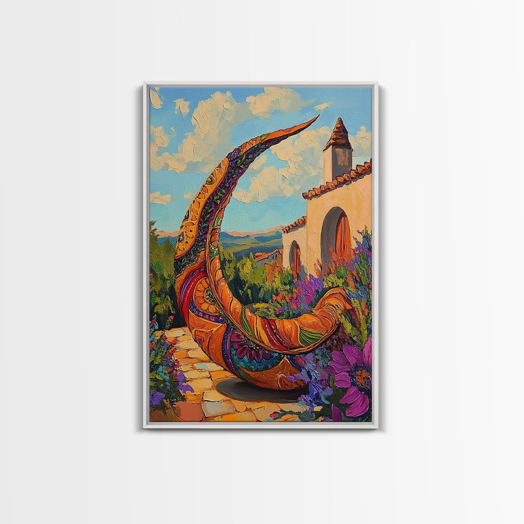 Crescent Sculpture, Sunset Courtyard, Boho Garden Art, Vibrant Southwest Style, Outdoor Decor, Framed Canvas Print, Patio Wall Art