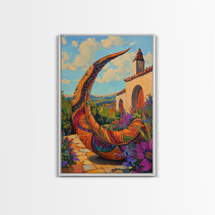 Crescent Sculpture, Sunset Courtyard, Boho Garden Art, Vibrant Southwest Style, Outdoor Decor, Framed Canvas Print, Patio Wall Art