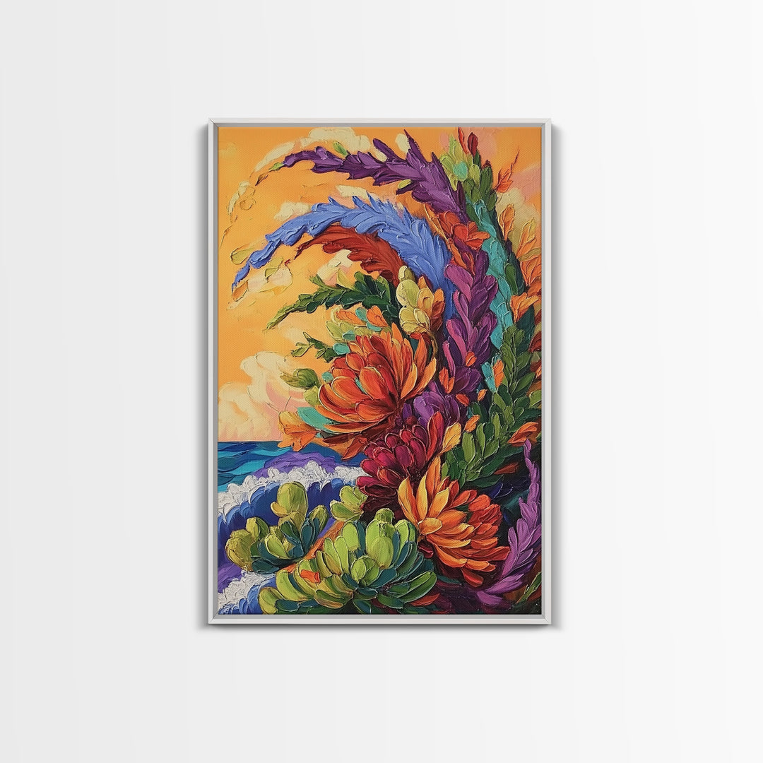 Abstract Florals, Bold Beach Scene, Coastal Flower Art, Vibrant Wall Accent, Kitchen Wall Art, Boho Style, Canvas Print, Sunset Tones