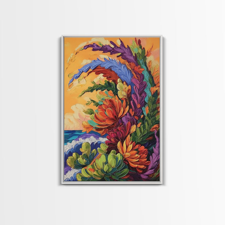 Abstract Florals, Bold Beach Scene, Coastal Flower Art, Vibrant Wall Accent, Kitchen Wall Art, Boho Style, Canvas Print, Sunset Tones