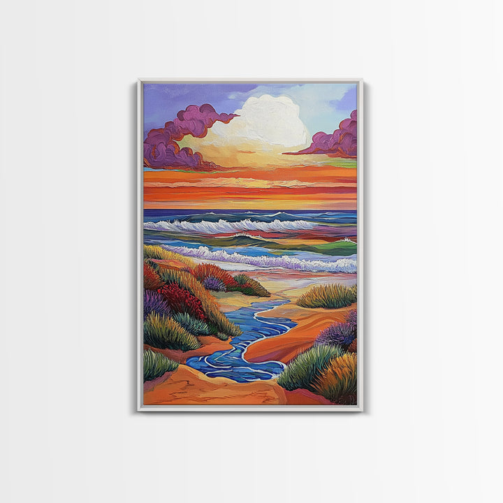 Coastal Sunset, Rolling Waves, Vibrant Beachscape, Boho Ocean Scene, Living Room Wall Art, Seaside Decor, Framed Canvas Print