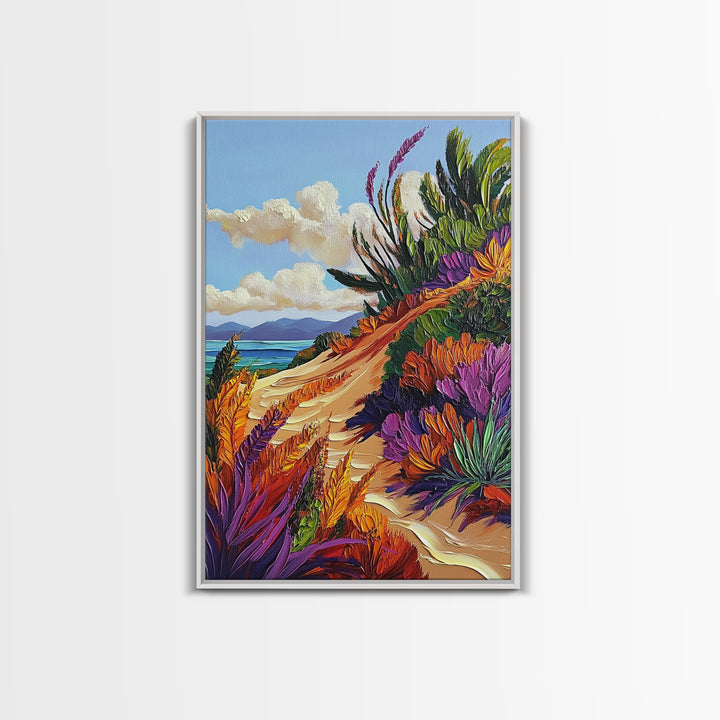 Ocean Cliff Path, Colorful Flora, Coastal Desert View, Summer Breeze Art, Beach House Wall Art, Canvas Print, Boho Nature Style