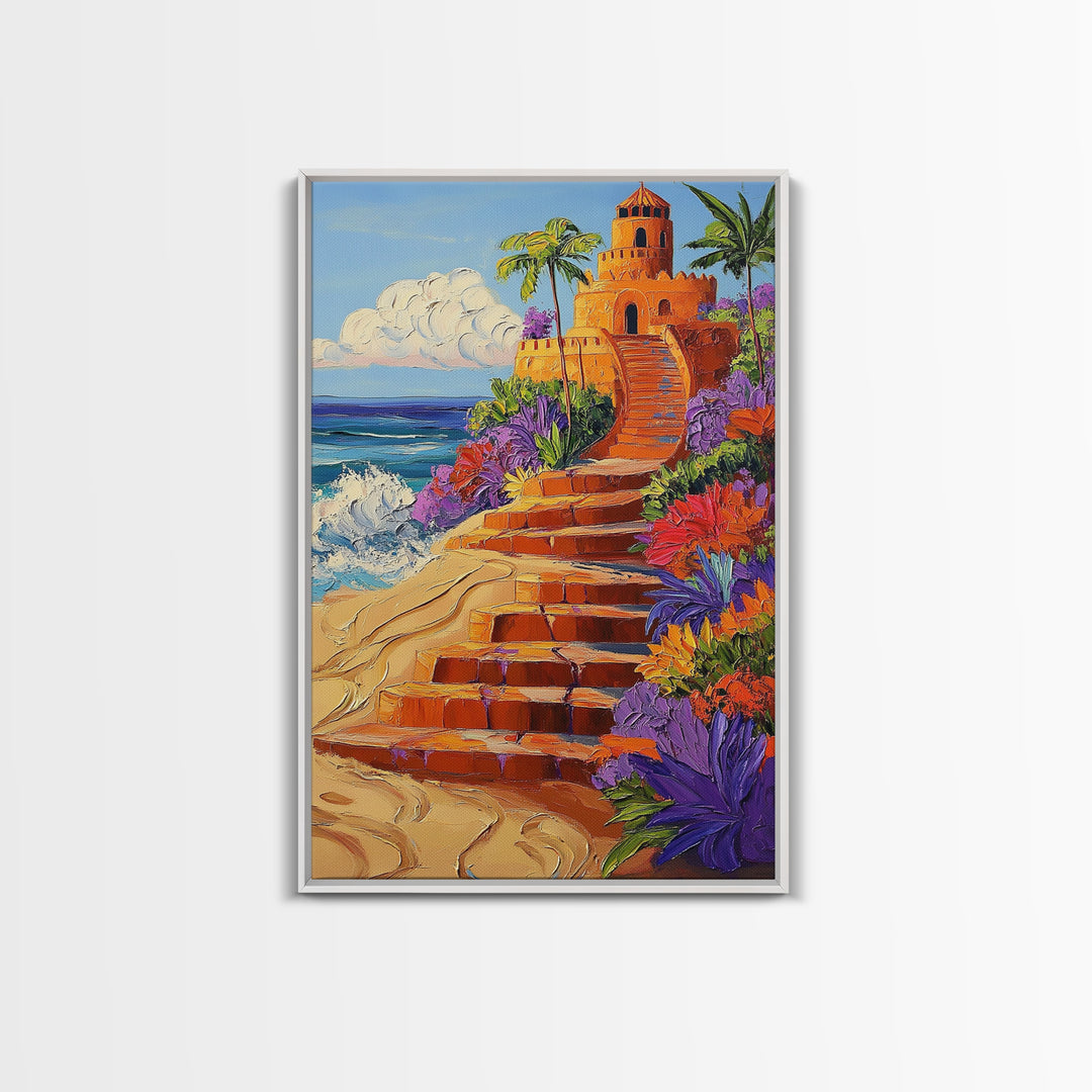 Coastal Castle, Vibrant Tropics, Seaside Fantasy Art, Bold Beach Decor, Playful Wall Accent, Framed Canvas Print, Tropical Style Room