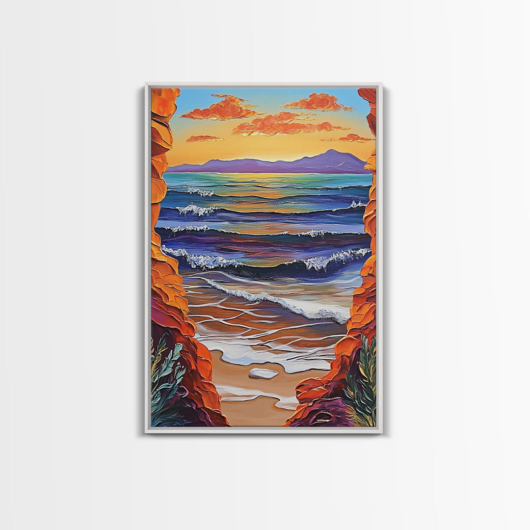 Ocean Horizon, Cliffside View, Sunset Waves, Peaceful Seascape, Framed Canvas Print, Living Room Wall Art, Beach Window View