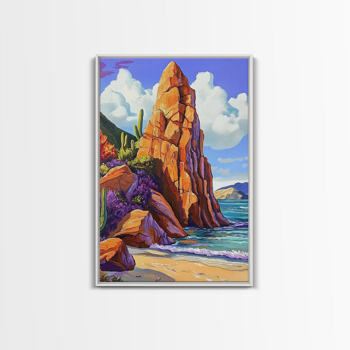 Rocky Spire, Cactus Landscape, Desert Coastline, Nature Escape, Framed Canvas Print, Western Wall Art, Adventure Travel Aesthetic
