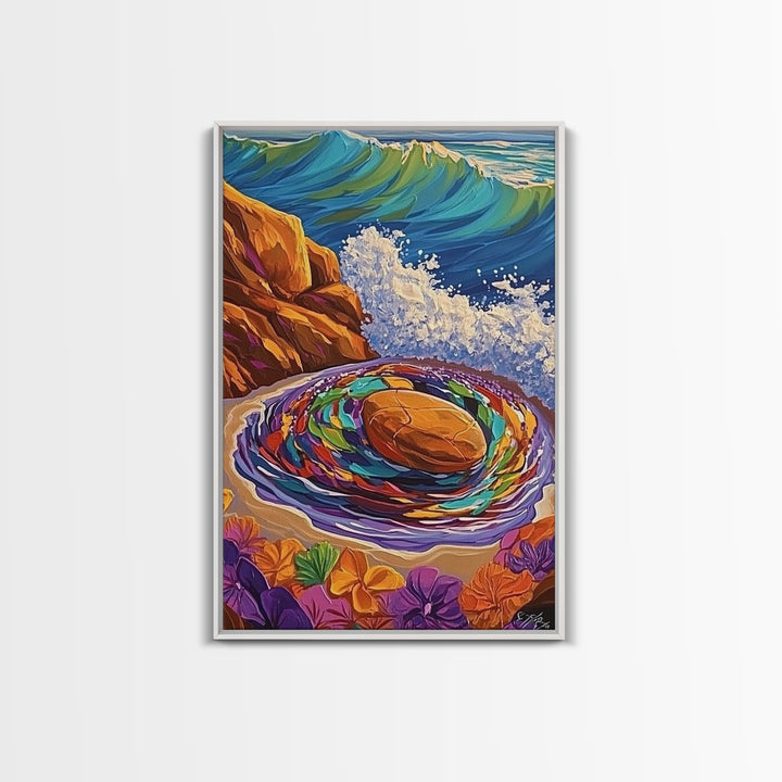 Ocean Spiral Stones, Coastal Zen Art, Sea Energy Waves, Framed Canvas Print, Boho Beach Wall Art, Meditation Room Decor, Nature Spiritual Art