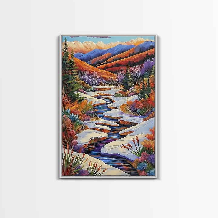 Autumn Snow Creek, Mountain Fall Scene, Nature River Painting, Framed Canvas Print, Cozy Living Room Wall Art, Rustic Cabin Style