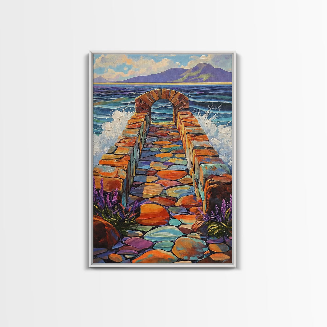 Ocean Stone Path Painting, Canvas Print, Coastal entryway art, vibrant beach decor, boho landscape print, nautical wall piece