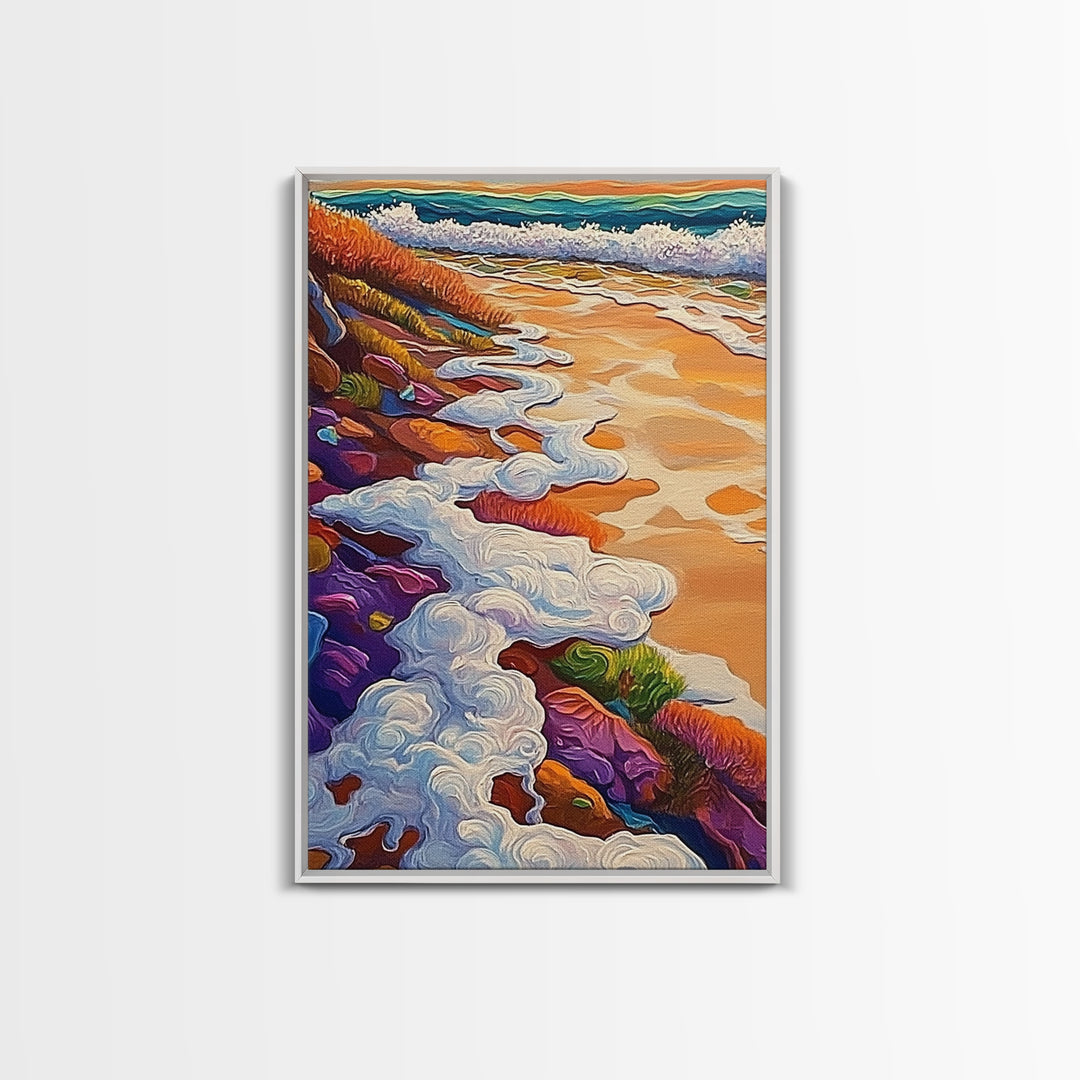 Ocean Shore Foam, Abstract Beach Scene, Coastal Texture Art, Framed Canvas Print, Summer Bathroom Wall Art, Vibrant Seaside Style