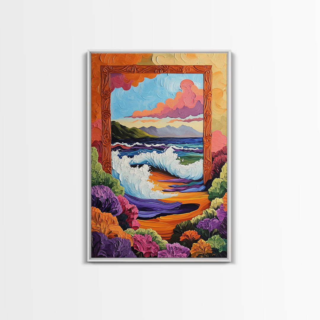 Ocean Frame, Crashing Waves, Surreal Seascape, Floral Shoreline, Framed Canvas Print, Coastal Wall Art, Bathroom Decor, Dreamy Beach Art